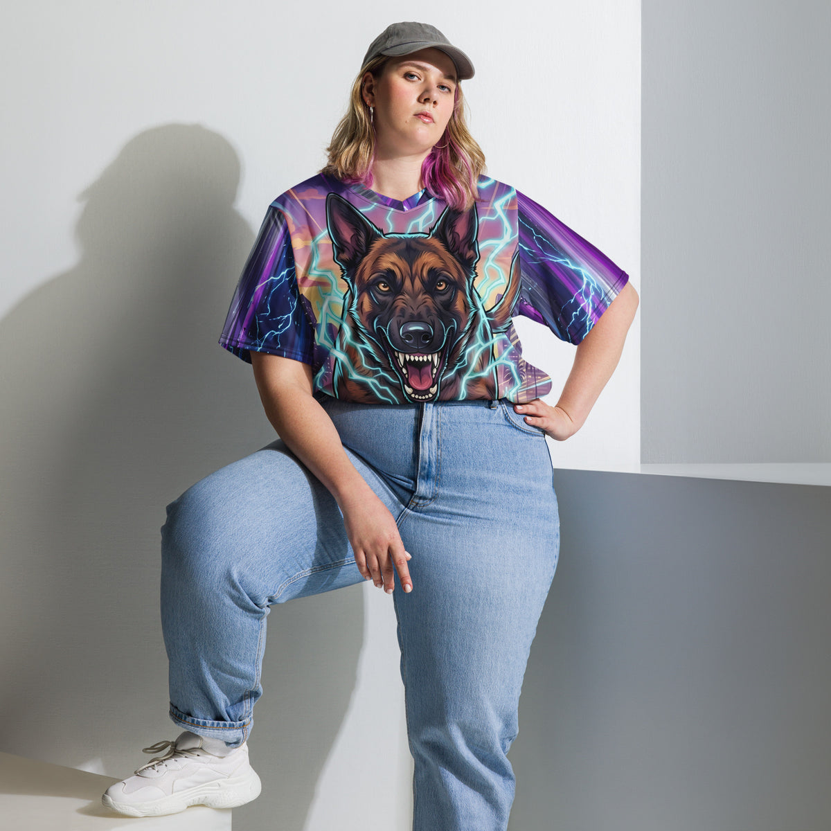 Model wearing the Malinois Mayhem sports jersey tucked into light-blue jeans, showing the Belgian Malinois graphic and cyan lightning.