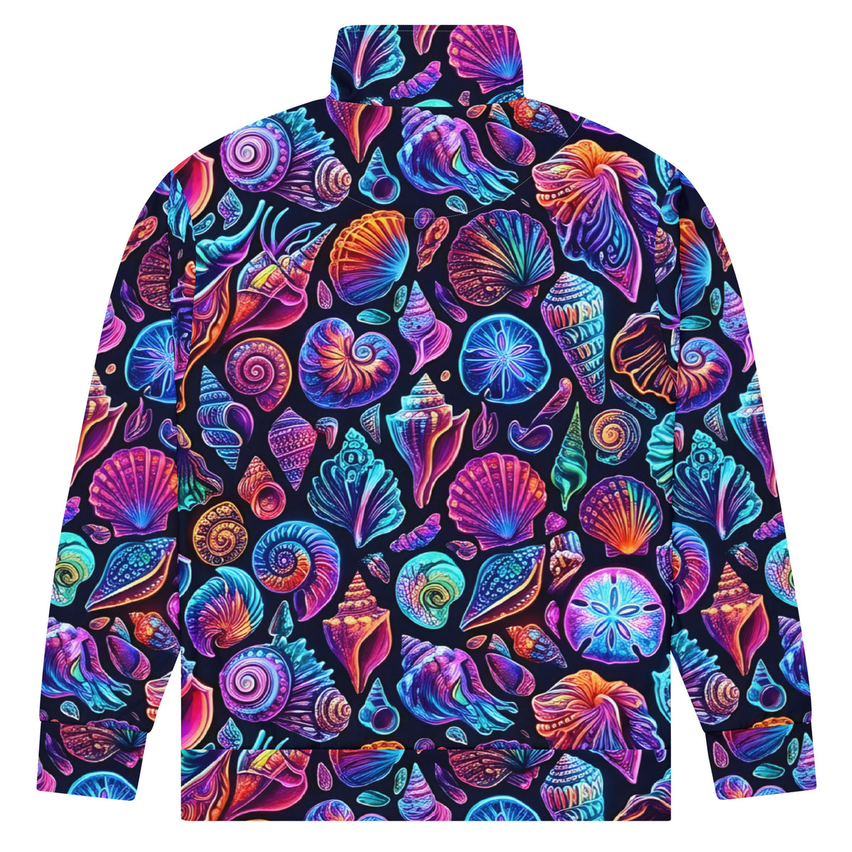 Chromashell Track Jacket back view showing the full neon seashell all-over print with scallops, spiral shells, conch, and nautilus in vivid purple, teal, pink, and orange on a deep navy-black base