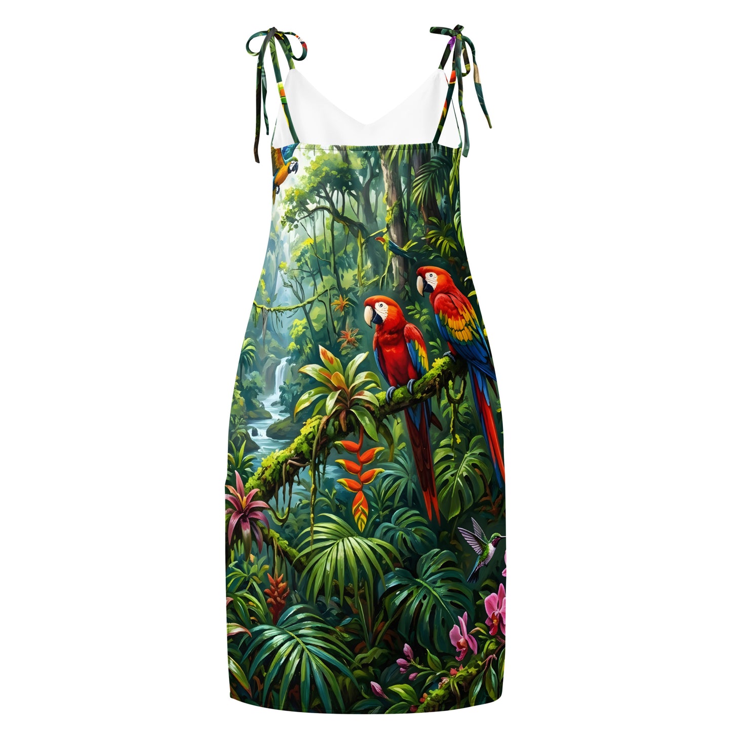 Rainforest Reverie all-over print midi dress front view featuring two scarlet macaws perched on a mossy branch surrounded by tropical foliage, orchids, heliconia, and a hummingbird