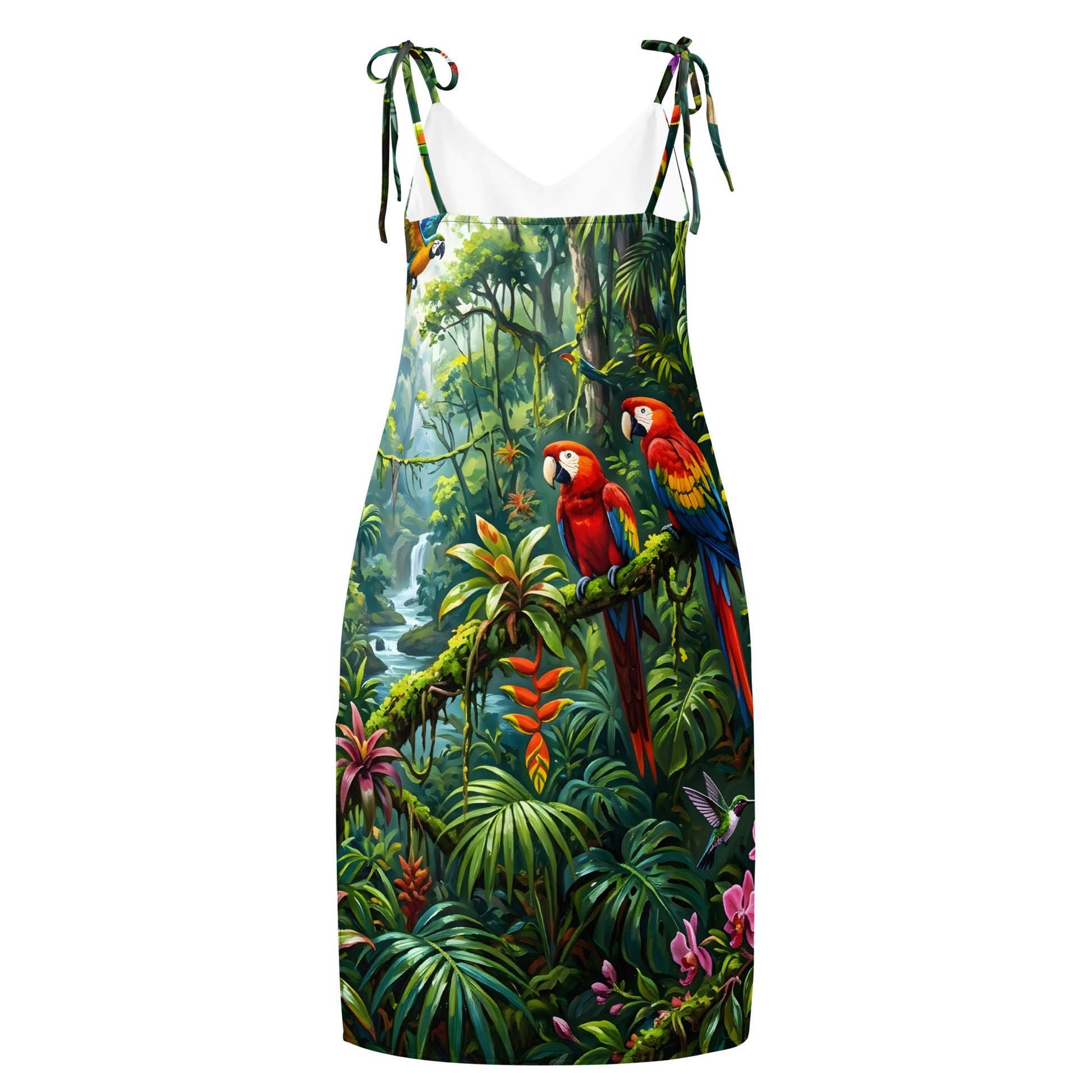 Rainforest Reverie all-over print midi dress front view featuring two scarlet macaws perched on a mossy branch surrounded by tropical foliage, orchids, heliconia, and a hummingbird