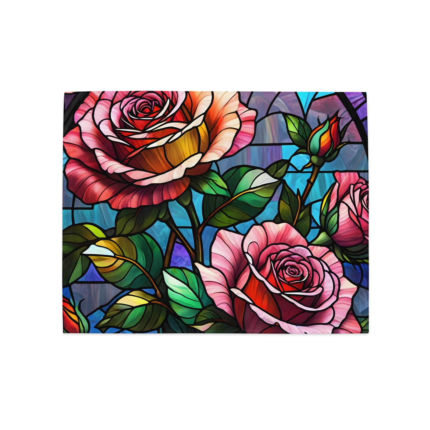 Stained Roses Placemat Set product shot — single placemat flat lay showing full stained glass mosaic design of large pink and red roses with rosebuds green leaves and colorful geometric background panels in blue purple and teal on white background