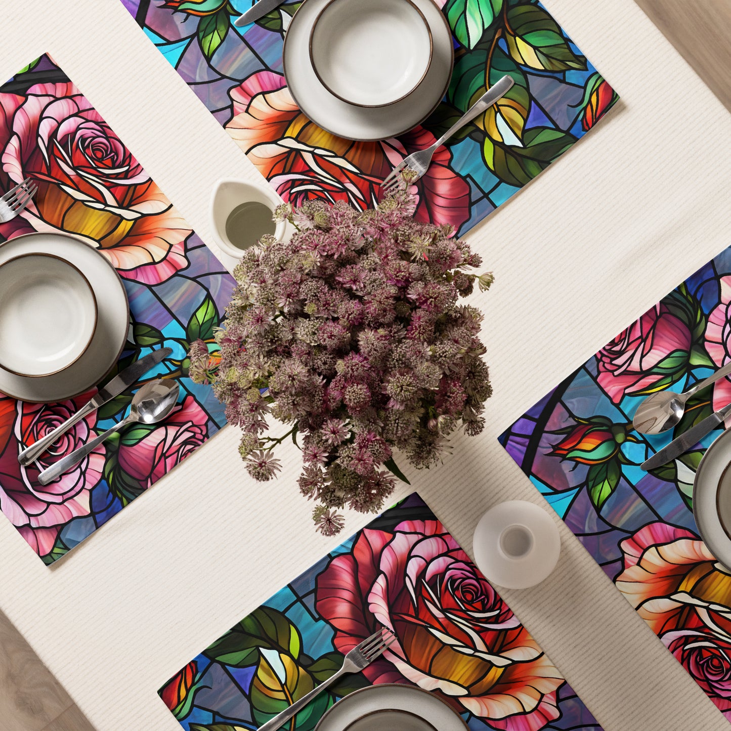 Stained Roses Placemat Set lifestyle shot — overhead view of four placemats set on white dining table with white bowls and silver cutlery and dried purple flower centerpiece in white vase showing stained glass mosaic design of large pink and red roses with green leaves and colorful geometric background panels