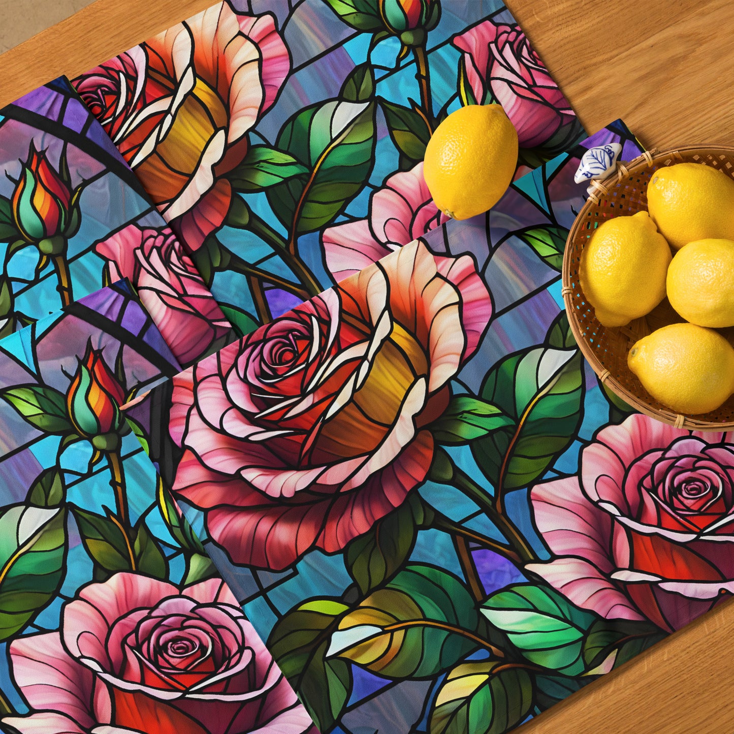 Stained Roses Placemat Set lifestyle shot — single placemat laid on wood dining table beside wicker basket of lemons showing stained glass mosaic design of large pink and red roses with green leaves and colorful geometric background panels in blue purple and teal