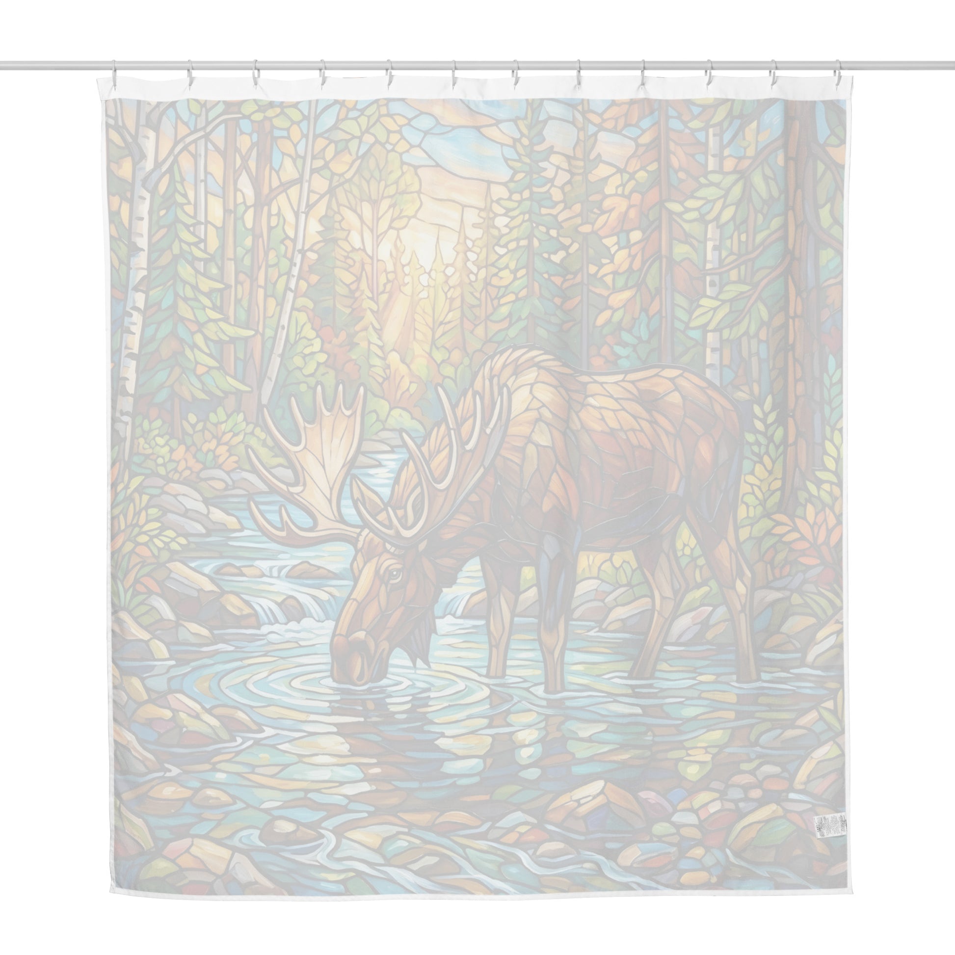 Mosaic Moose Shower Curtain product shot — 71x74 white shower curtain hanging on rod showing sheer reverse side with faint stained glass mosaic moose forest design visible through fabric on white background
