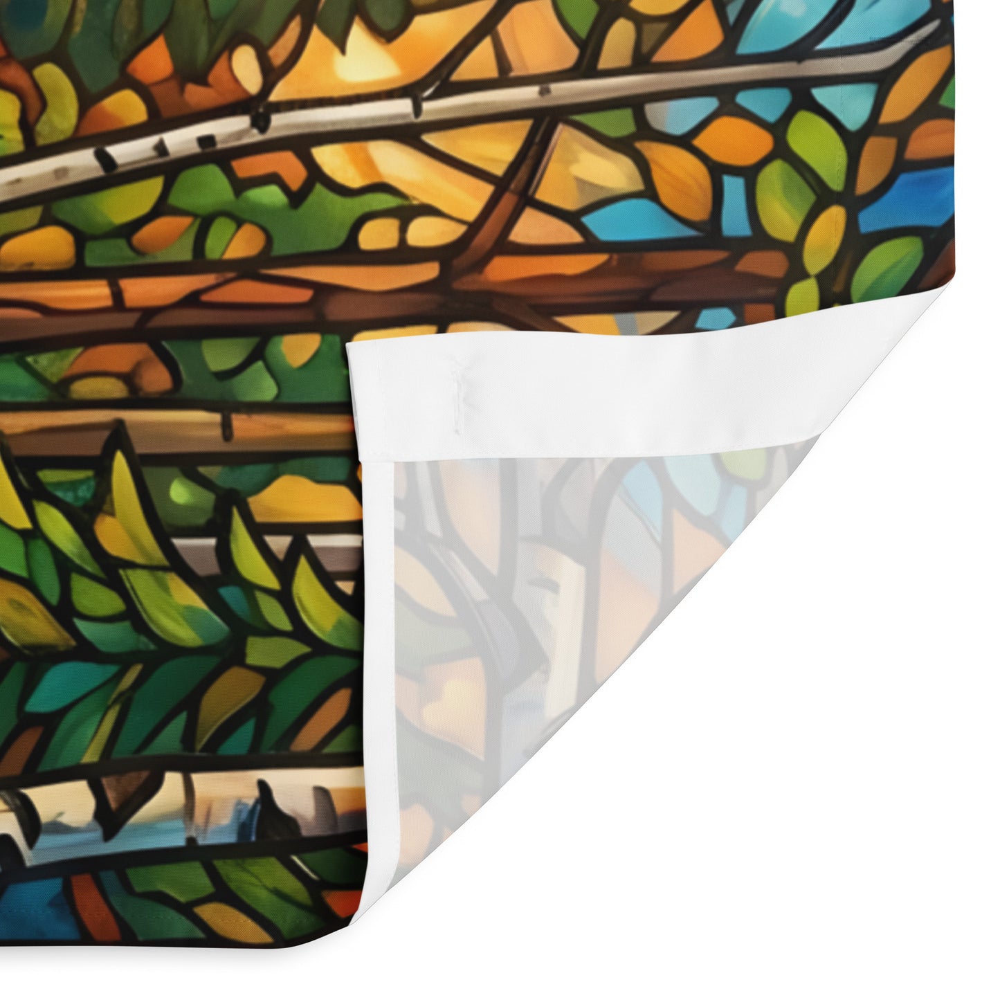 Mosaic Moose Shower Curtain detail shot — close-up of upper corner showing curtain hook on white rod with stained glass mosaic autumn forest canopy and corner fold revealing white reverse side