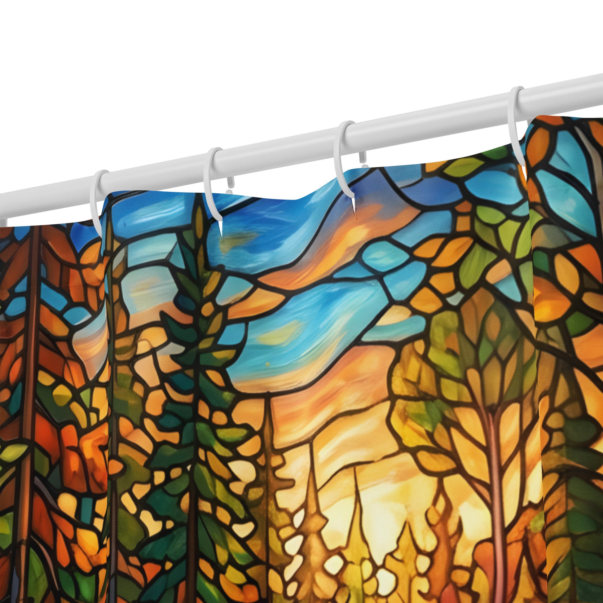 Mosaic Moose Shower Curtain detail shot — close-up of upper portion showing stained glass mosaic design of autumn forest canopy with orange and green leaves and blue-orange sunset sky with curtain hooks on white rod
