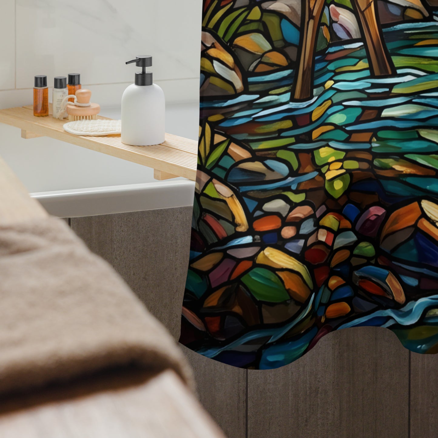 Mosaic Moose Shower Curtain product shot — 71x74 white shower curtain flat lay showing sheer semi-transparent fabric with full stained glass mosaic moose drinking from forest stream design faintly visible through white fabric on white background