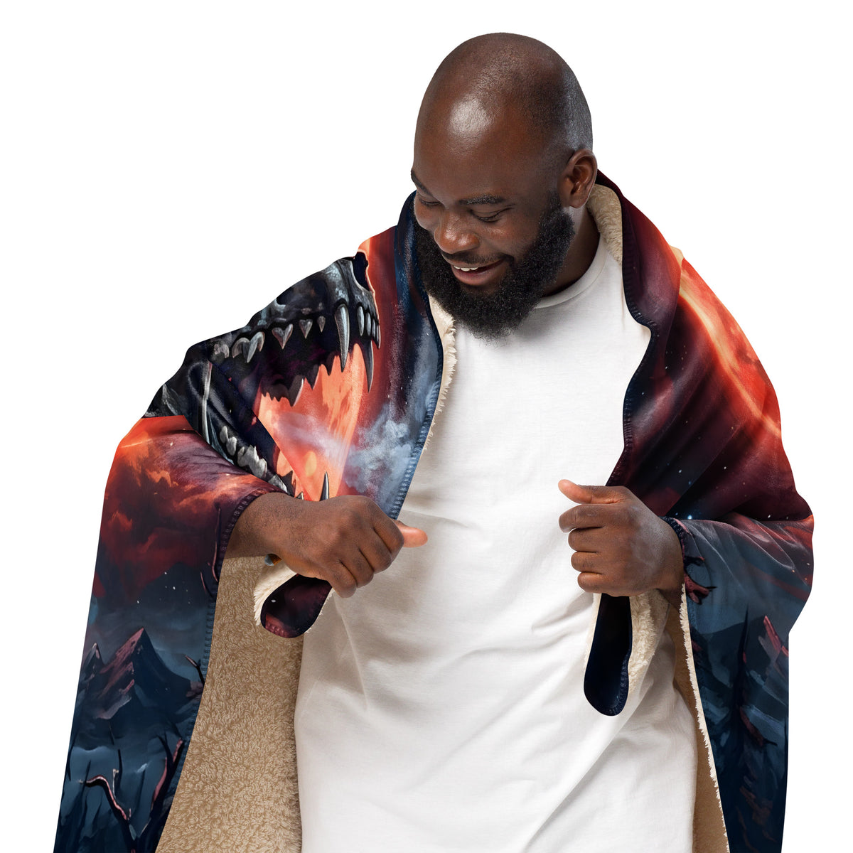 Man wearing the Blood Moon Bonewolf blanket around his shoulders, with skeletal wolf artwork outside and cream sherpa lining visible inside.