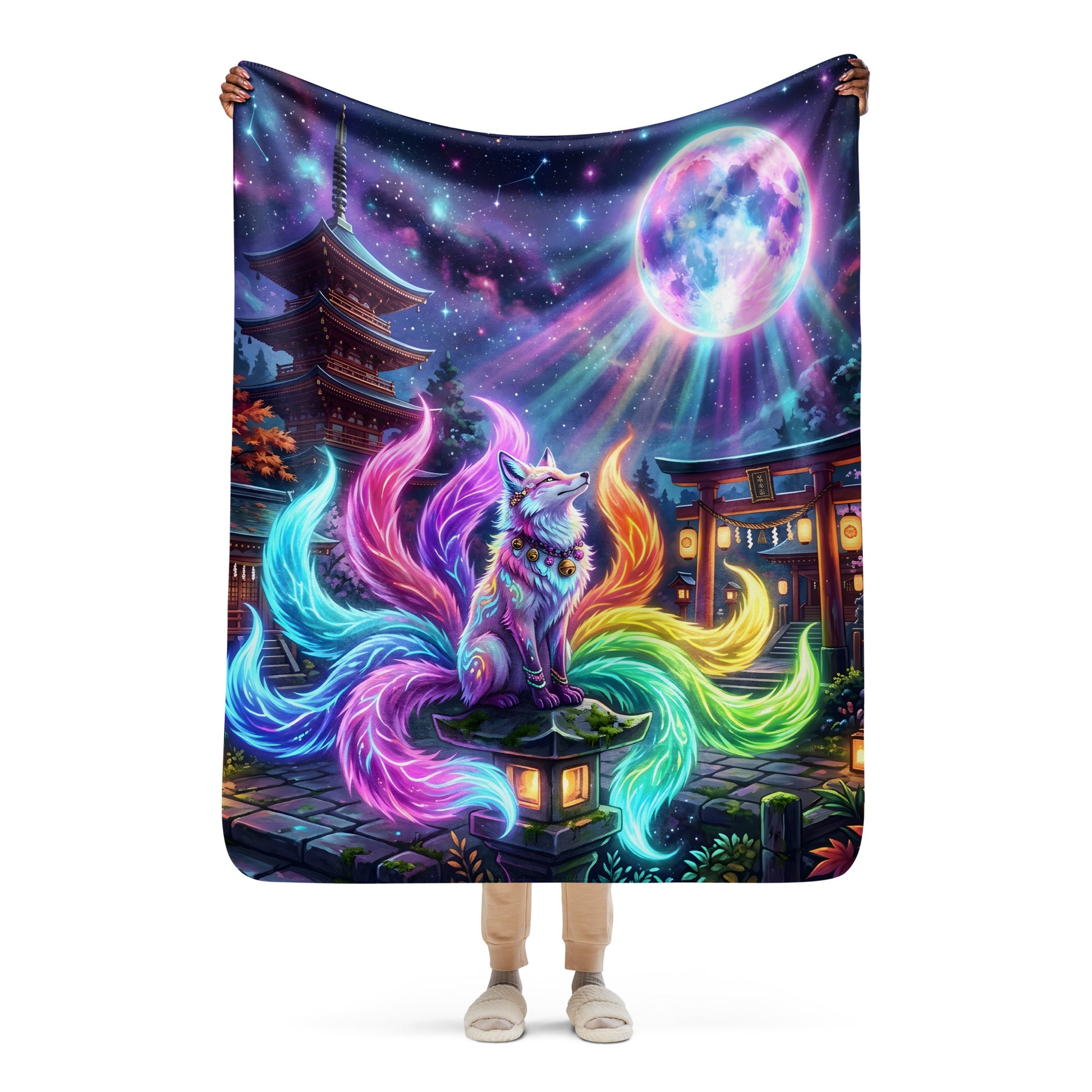 Lunar Kitsune Sherpa Blanket 50x60 held up — person holding blanket overhead showing full white nine-tailed kitsune with rainbow neon tails seated on stone lantern gazing at glowing full moon with Japanese pagoda torii gate and constellation starry night sky on white background