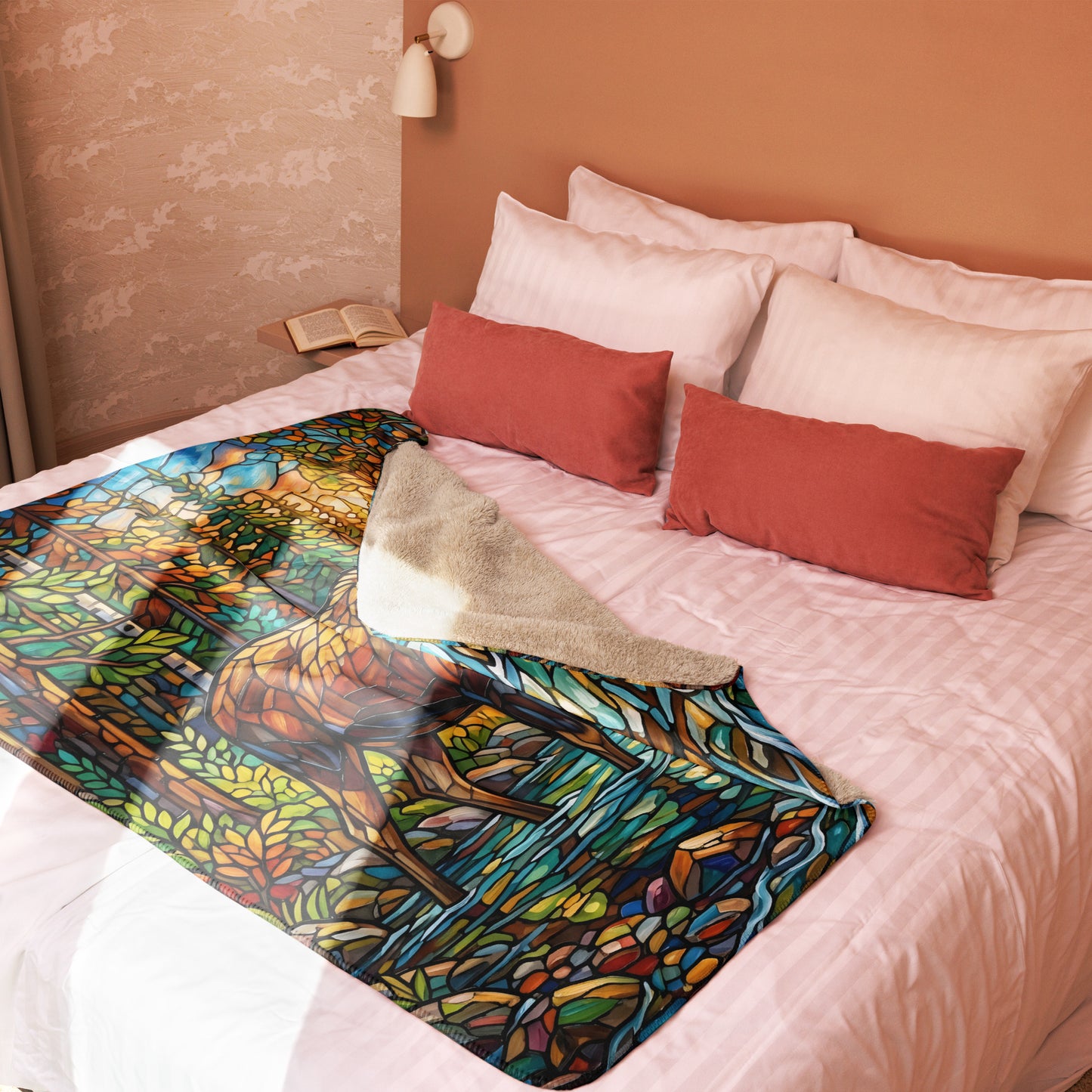 Mosaic Moose Sherpa Blanket lifestyle shot — 50x60 blanket spread across bed showing stained glass mosaic moose forest stream graphic with cream sherpa corner folded back against terracotta bedroom decor with white and coral pillows and open book