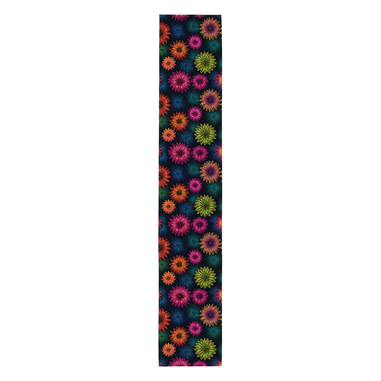 Fluorescent Floral Table Runner product shot — full-length vertical flat lay showing all-over print of neon pink orange yellow-green and teal daisy-like flowers with radiating petal details in scattered arrangement on dark navy background on white background