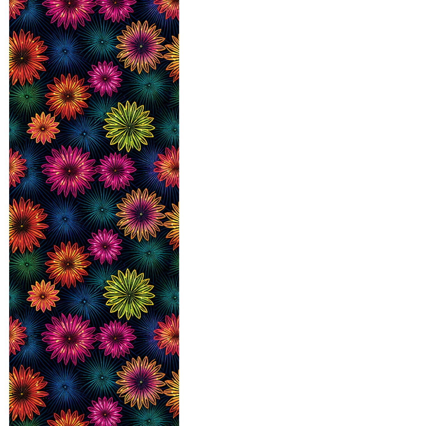 Fluorescent Floral Table Runner product shot — close-up detail of table runner showing neon pink orange yellow-green and teal daisy-like flowers with radiating petal details densely packed on dark navy background on white background