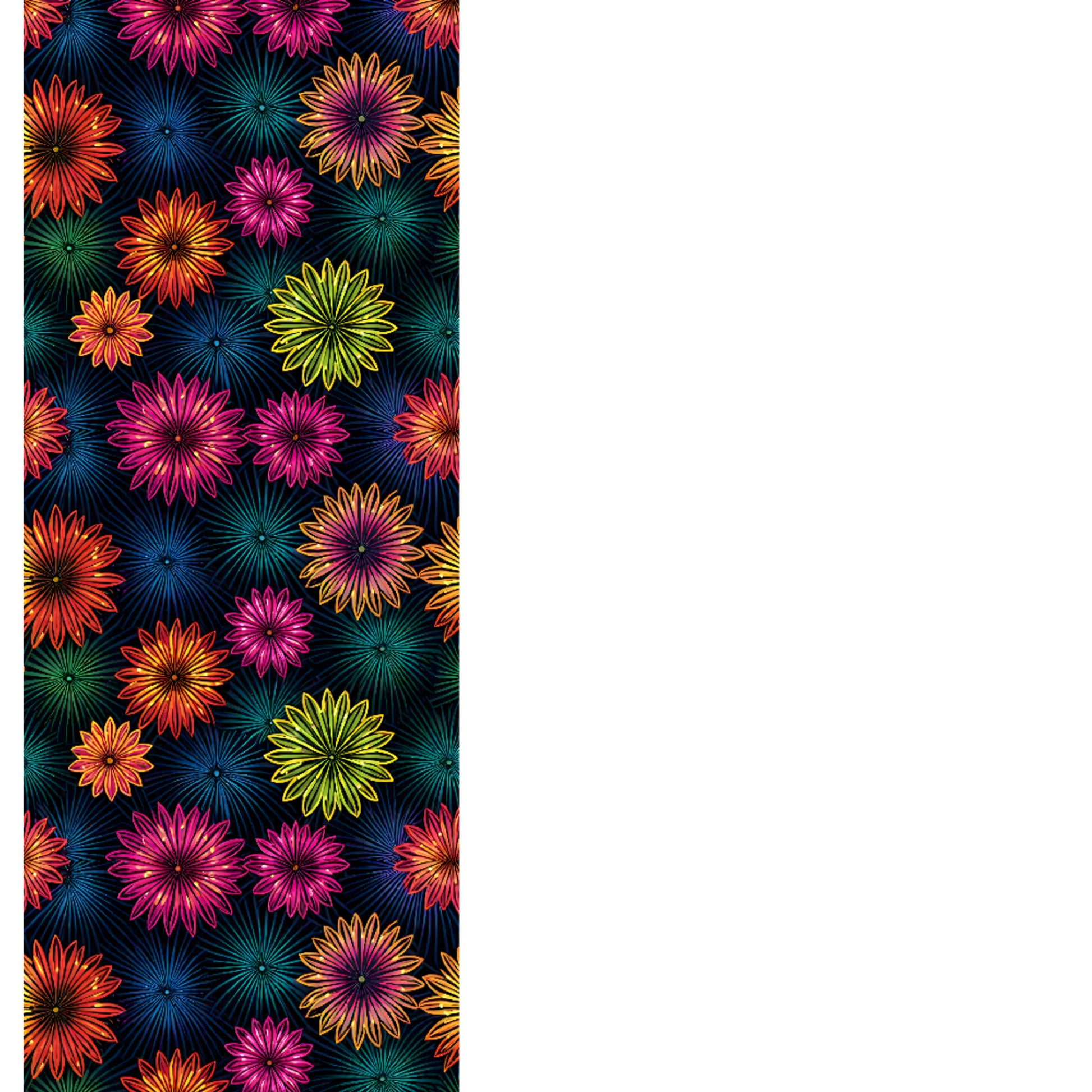 Fluorescent Floral Table Runner product shot — close-up detail of table runner showing neon pink orange yellow-green and teal daisy-like flowers with radiating petal details densely packed on dark navy background on white background