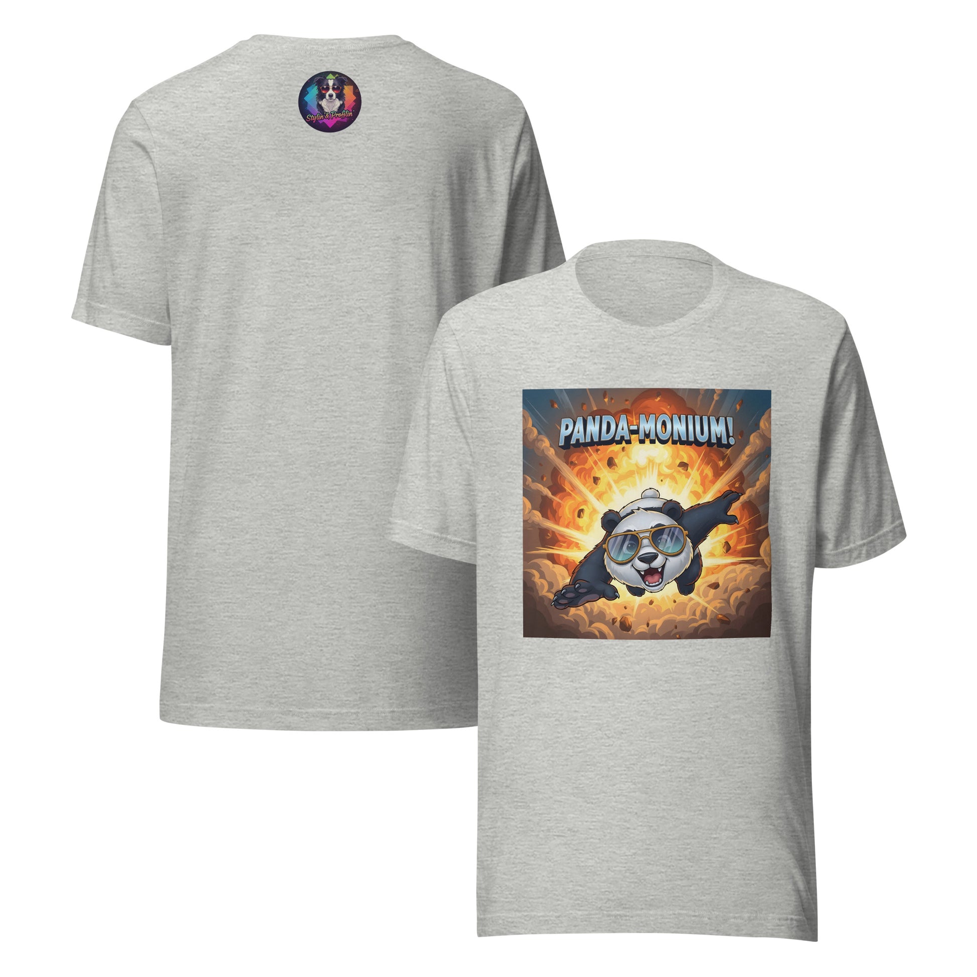 Panda-Monium graphic unisex t-shirt front and back view — athletic heather.
