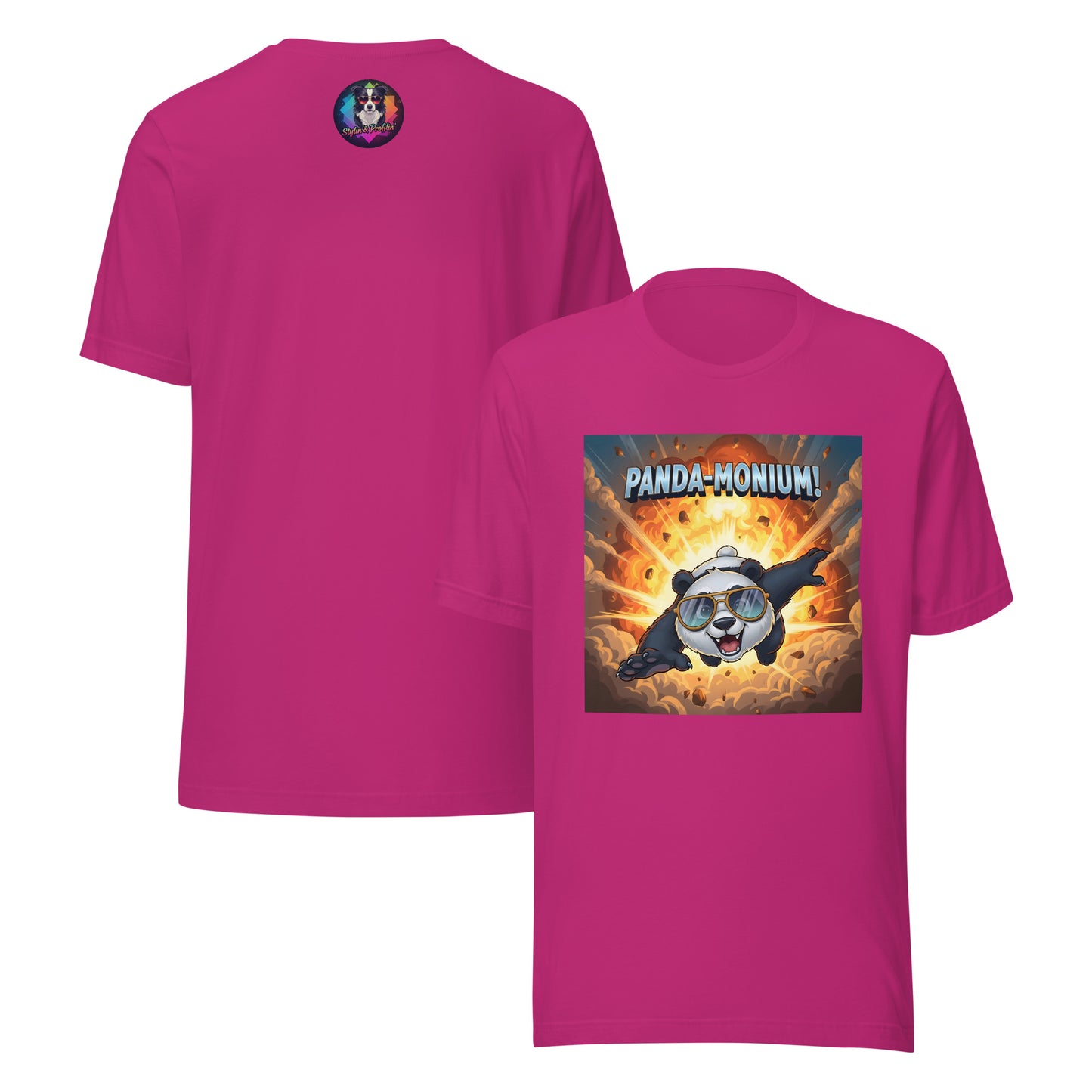 Panda-Monium graphic unisex t-shirt front and back view — heliconia pink.