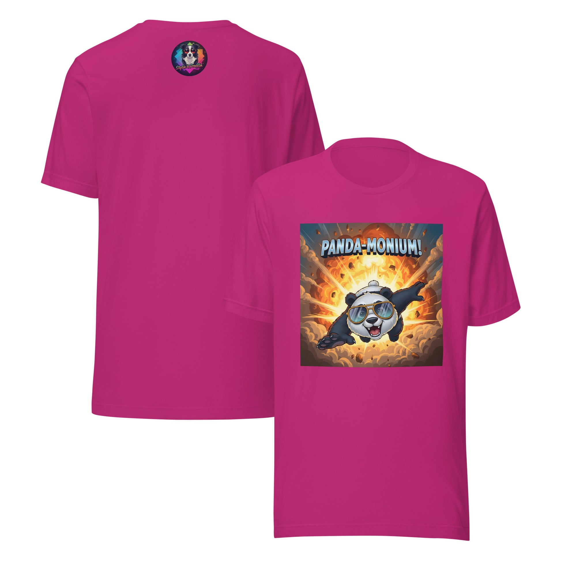 Panda-Monium graphic unisex t-shirt front and back view — heliconia pink.