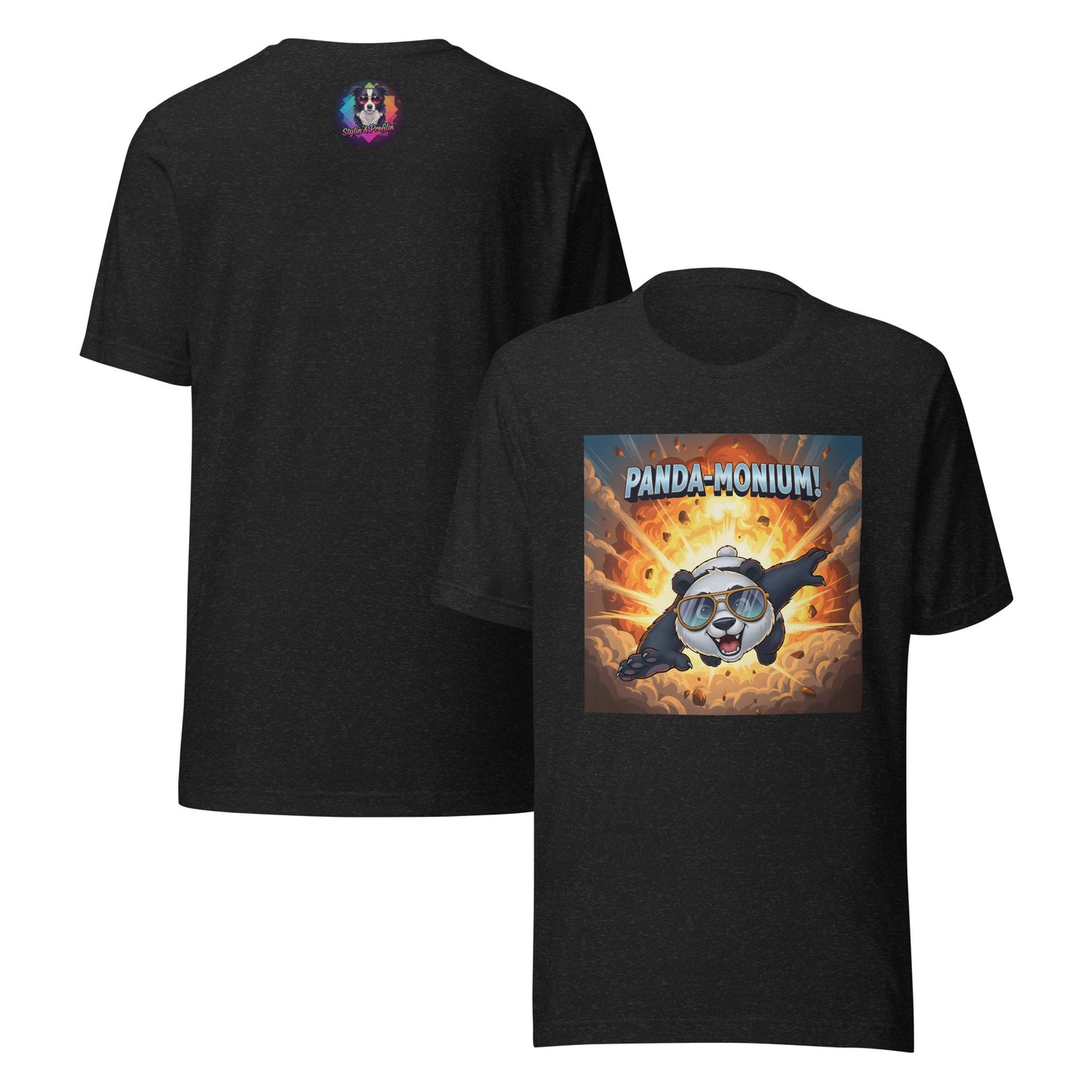 Panda-Monium graphic unisex t-shirt front and back view — black.