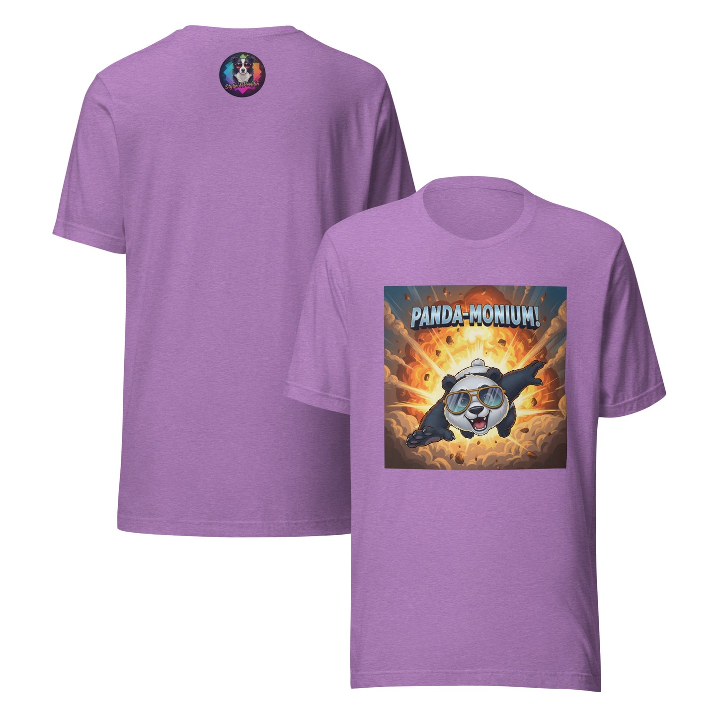 Panda-Monium graphic unisex t-shirt front and back view — heather team purple.