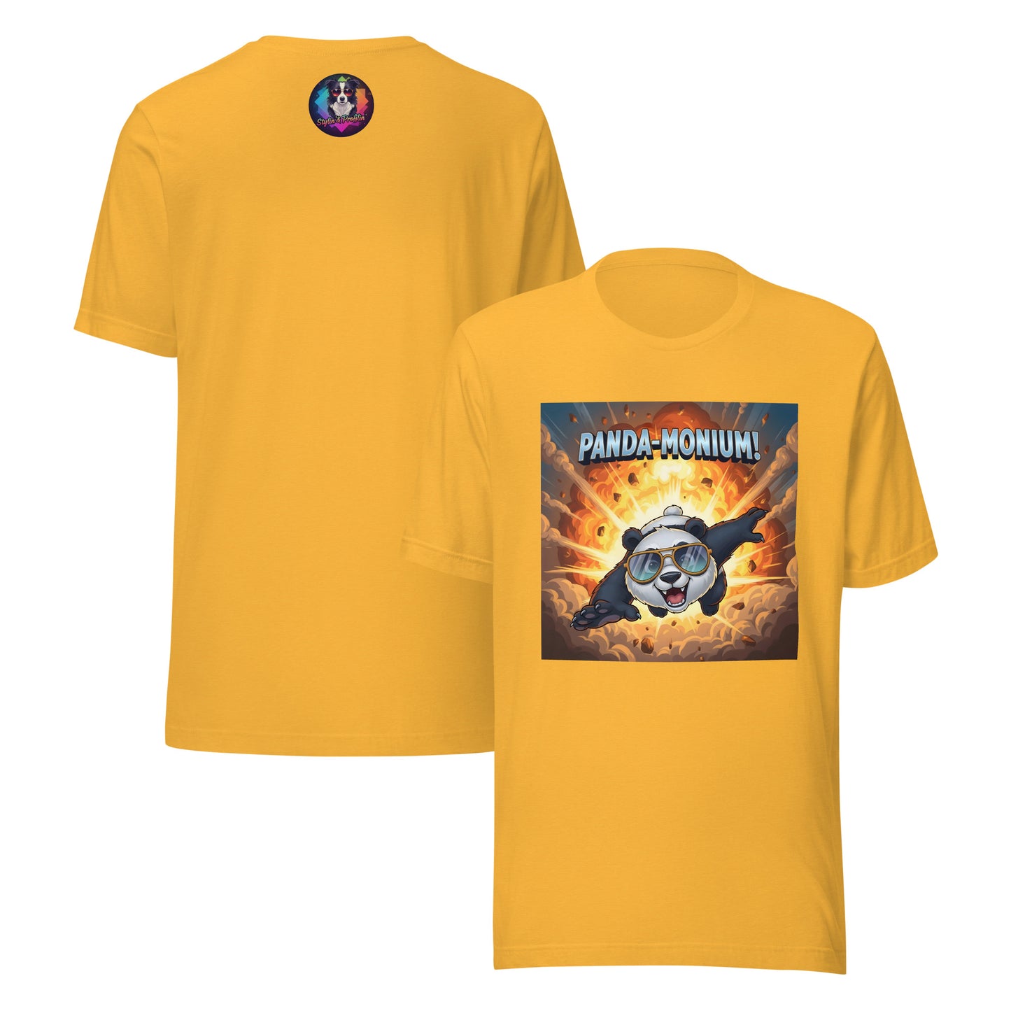 Panda-Monium graphic unisex t-shirt front and back view — gold.