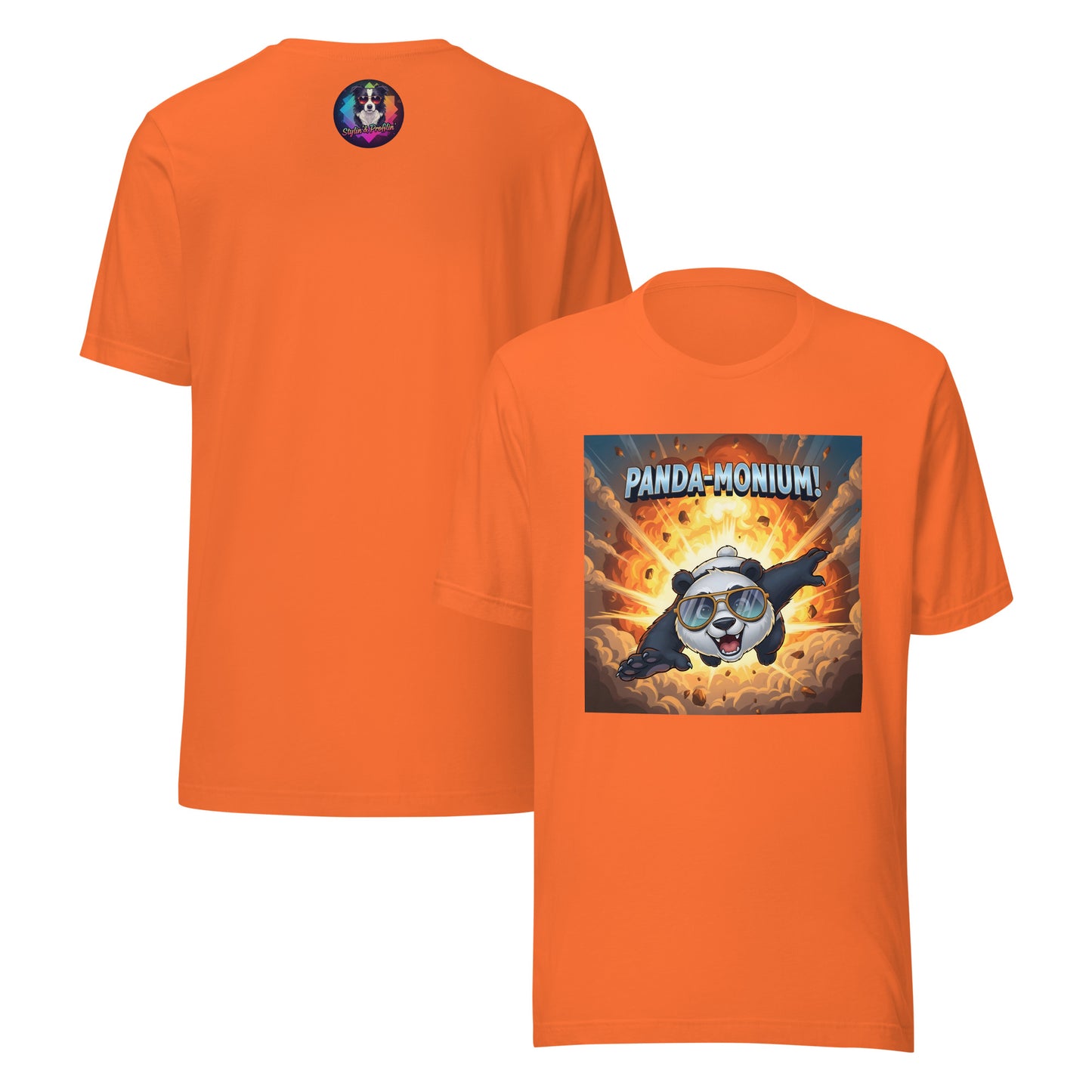 Panda-Monium graphic unisex t-shirt front and back view — orange.