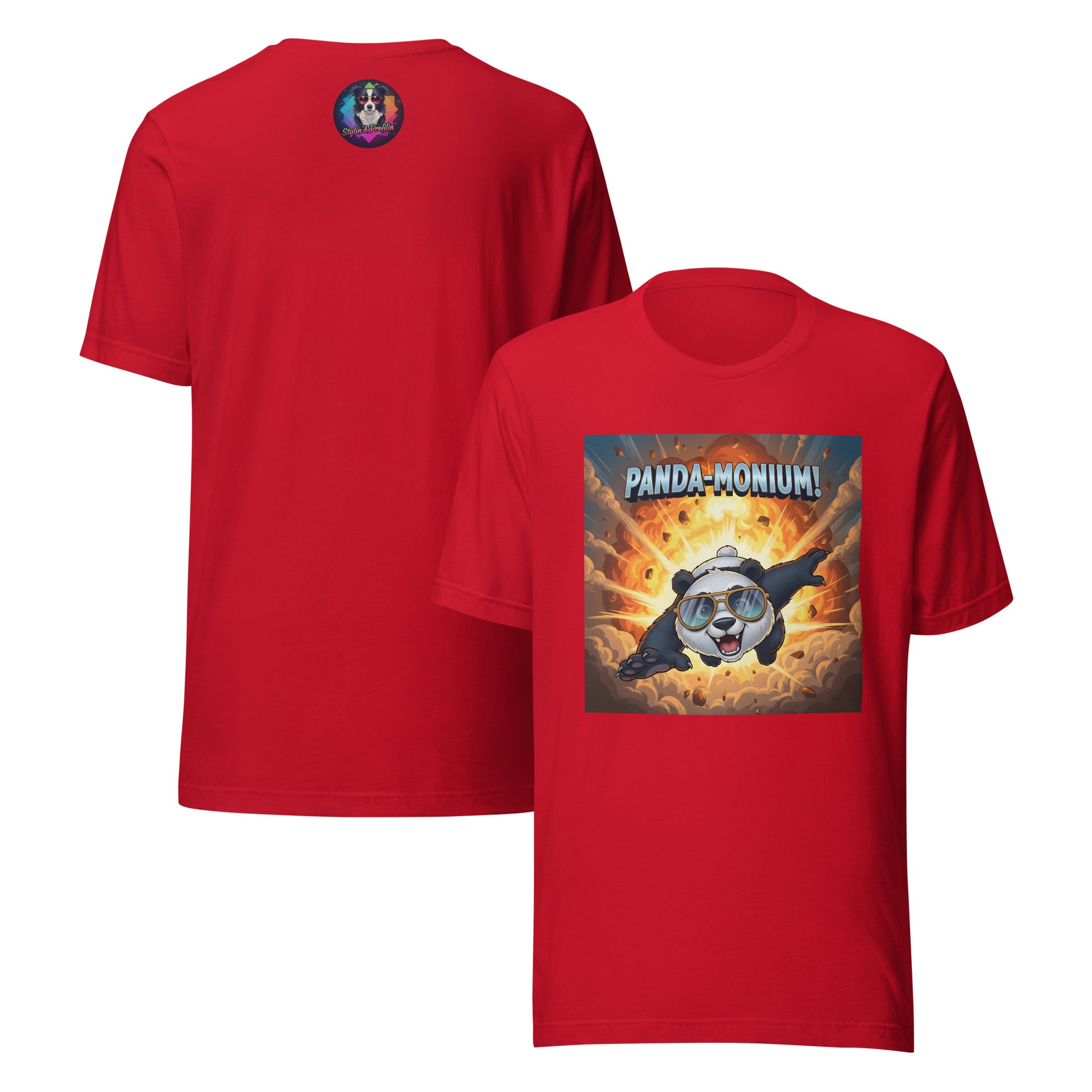 Panda-Monium graphic unisex t-shirt front and back view — red.