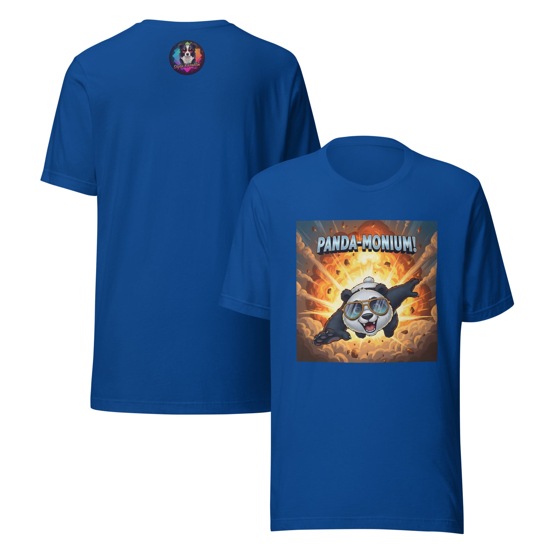 Panda-Monium graphic unisex t-shirt front and back view — true royal.