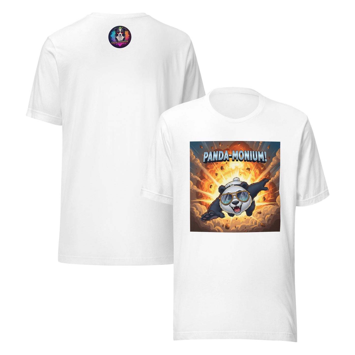 Panda-Monium graphic unisex t-shirt front and back view — white.
