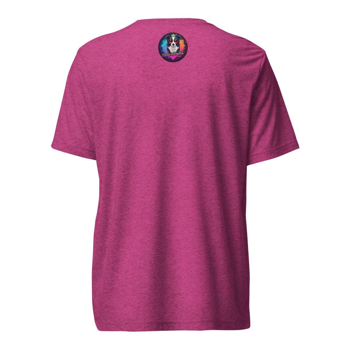 Back of the berry Go With The Flow T-shirt with a small, colorful Stylin' & Profilin' dog logo below the neckline.