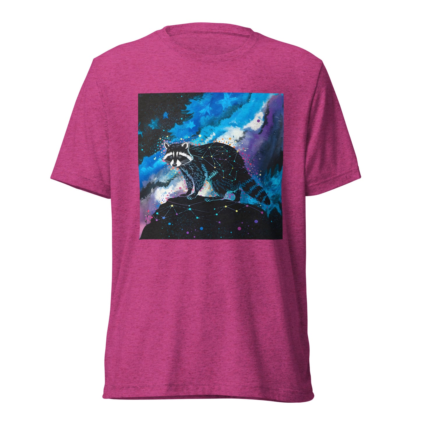 Cosmic Bandit Unisex T-Shirt product shot — berry triblend tee back view on ghost mannequin showing geometric constellation raccoon perched on dark rock against swirling blue purple and teal cosmic nebula with neon star splatter on white background