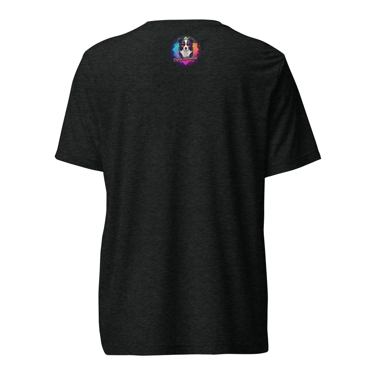 Back of the charcoal-black Prism Prowler T-shirt with a small, colorful Stylin' & Profilin' dog logo below the neckline.