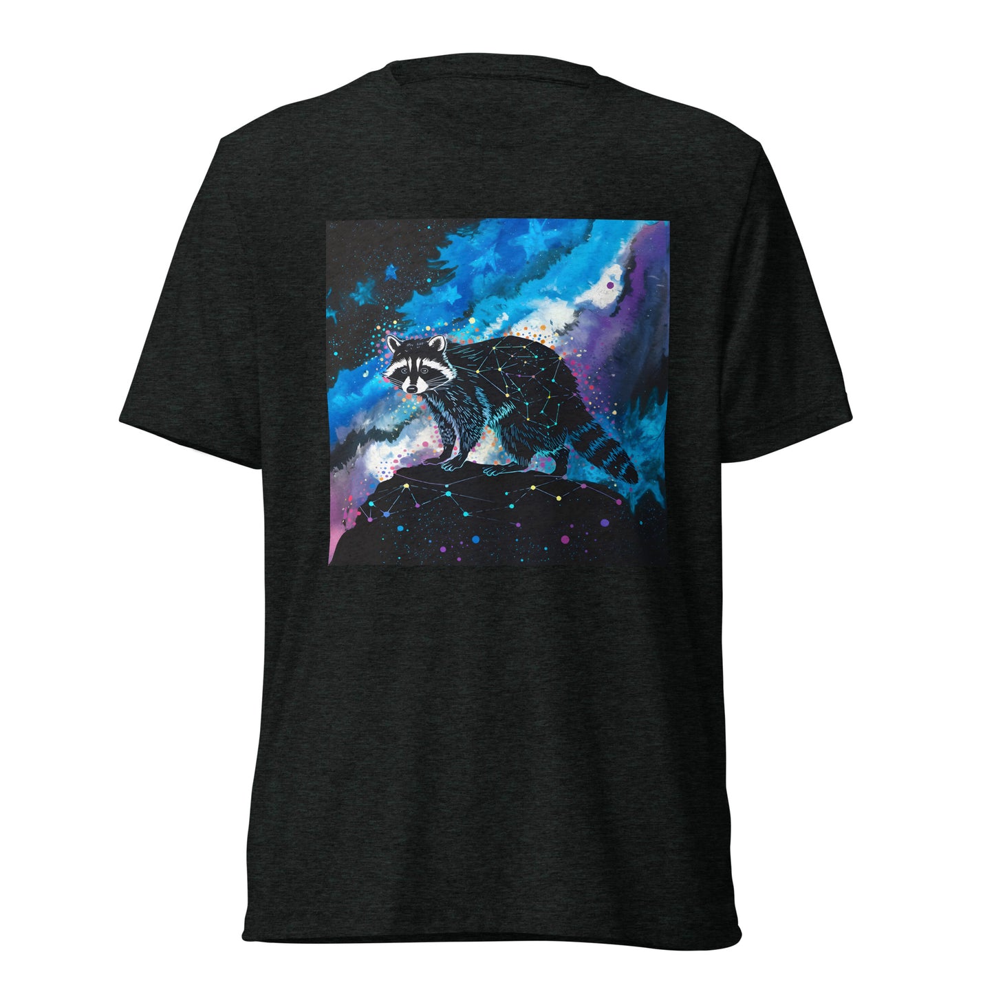 Cosmic Bandit Unisex T-Shirt product shot — charcoal black triblend tee back view on ghost mannequin showing geometric constellation raccoon perched on dark rock against swirling blue purple and teal cosmic nebula with neon star splatter on white background
