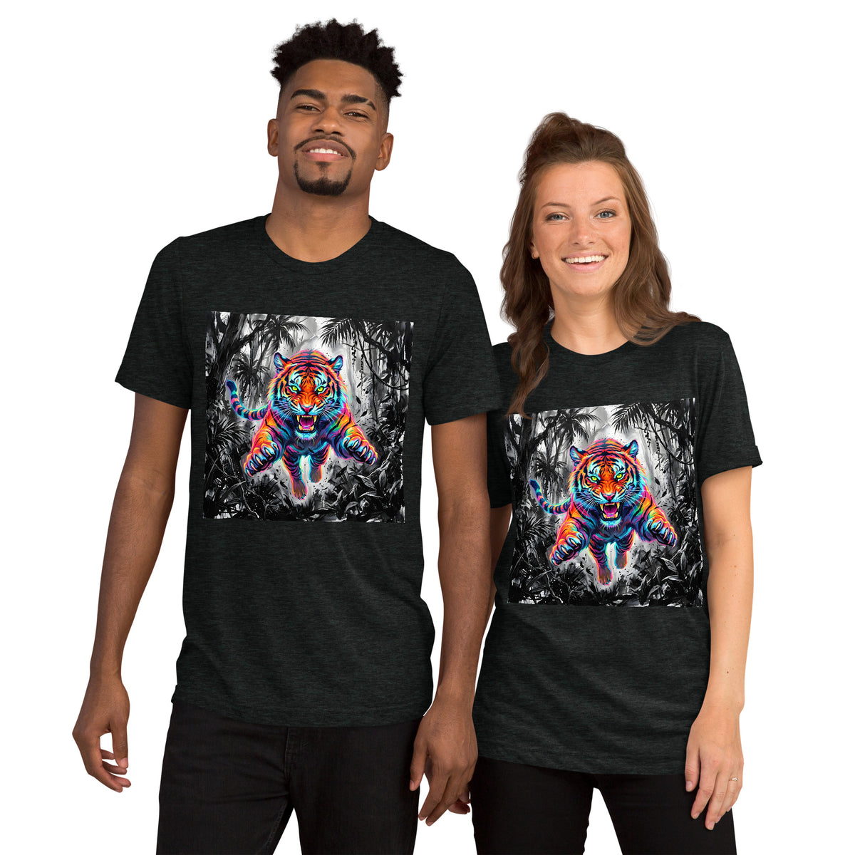 Two models wearing charcoal-black Prism Prowler T-shirts featuring a neon tiger charging through a black-and-white jungle.