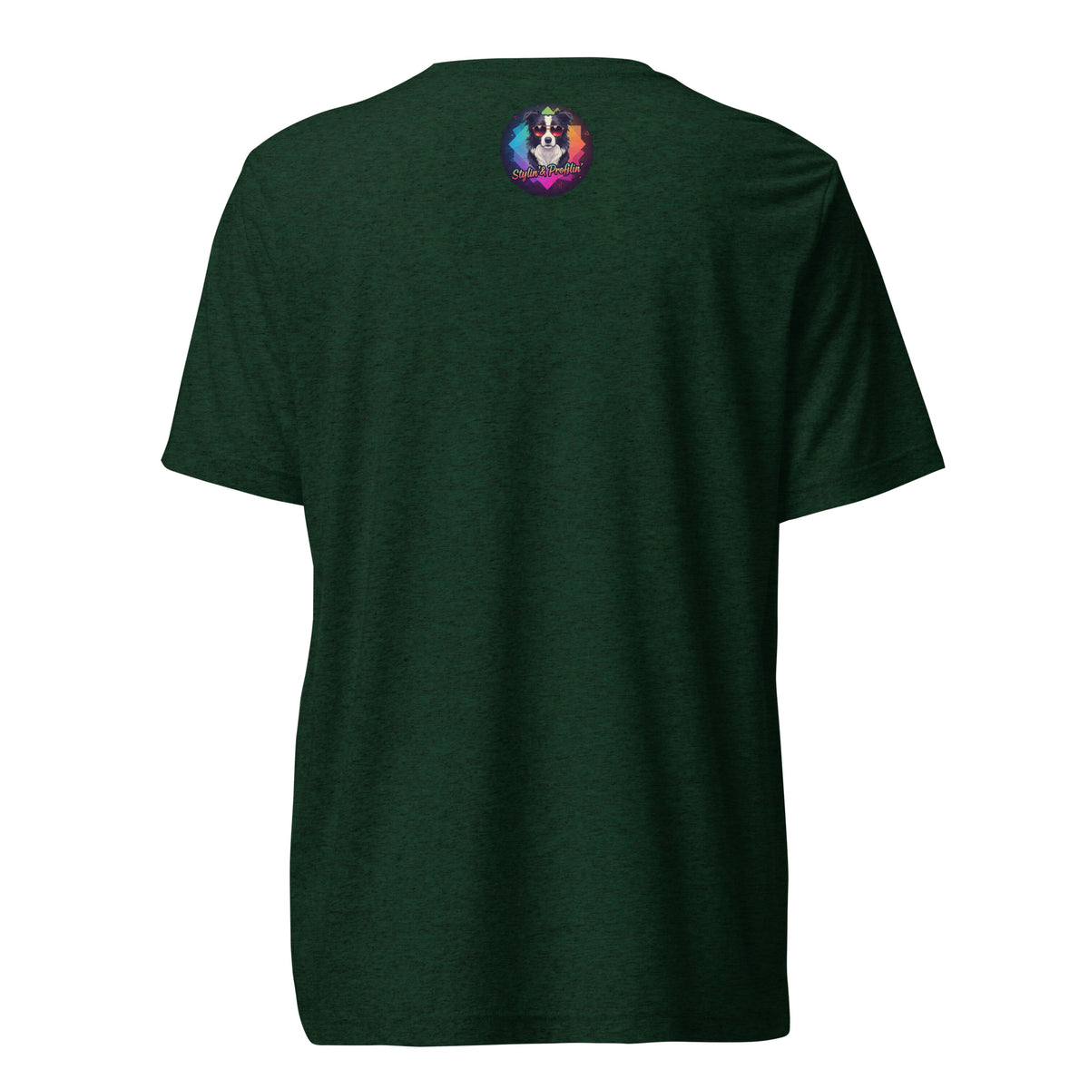 Back of the emerald-green Amethyst Ascendant Dragon Tee with a small, colorful Stylin' & Profilin' dog logo below the neckline.