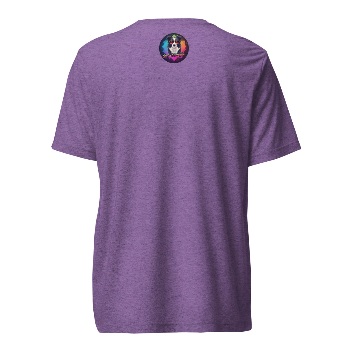 Back of the purple Reach For The Stars T-shirt with a small, colorful Stylin' & Profilin' dog logo below the neckline.