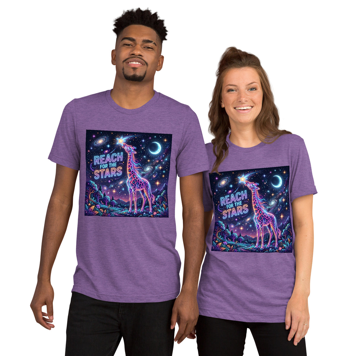 Two models wearing purple Reach For The Stars T-shirts with a neon giraffe, starry sky, crescent moon, and “Reach for the Stars” lettering.