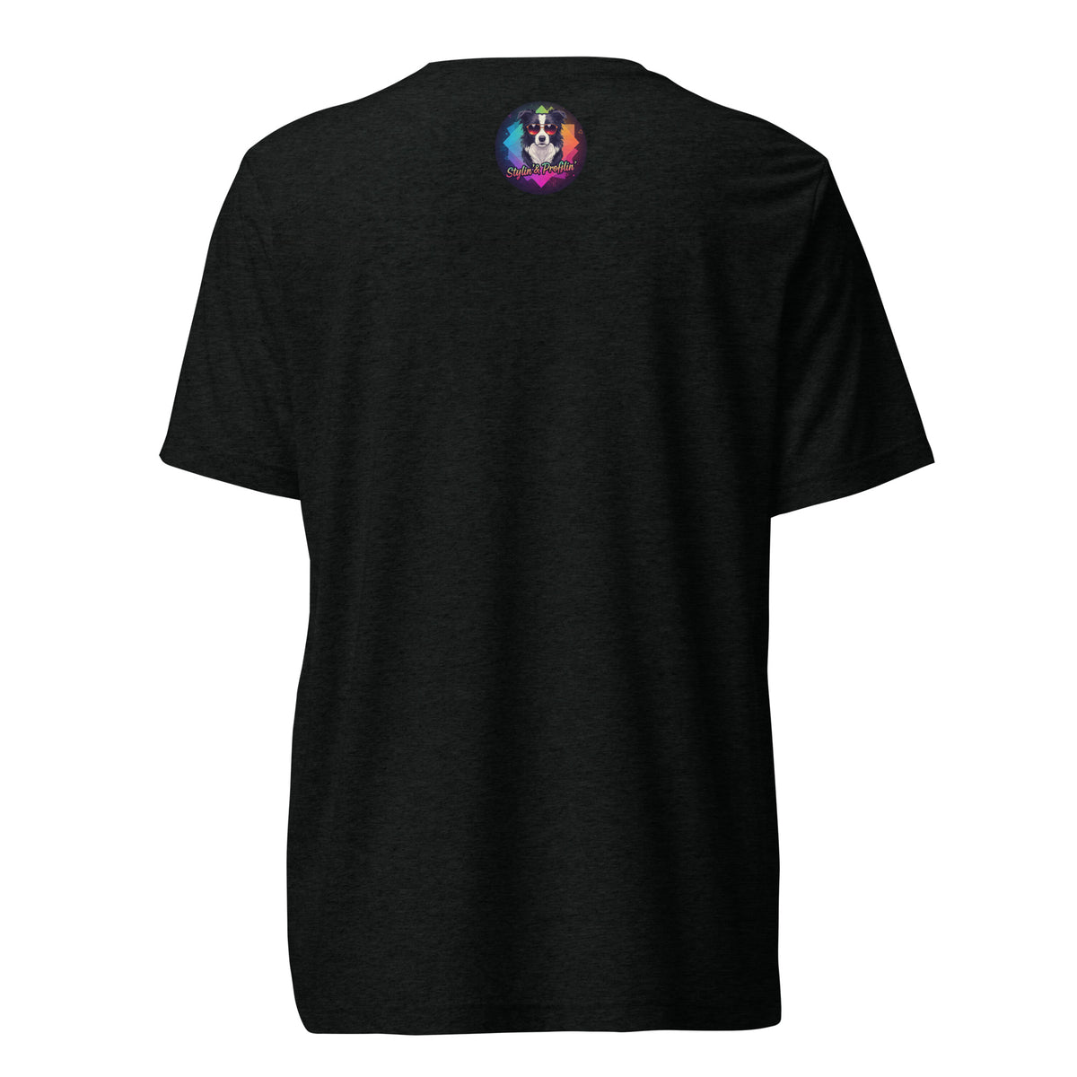 Back of the black Amethyst Ascendant Dragon Tee with a small, colorful Stylin' & Profilin' dog logo below the neckline.