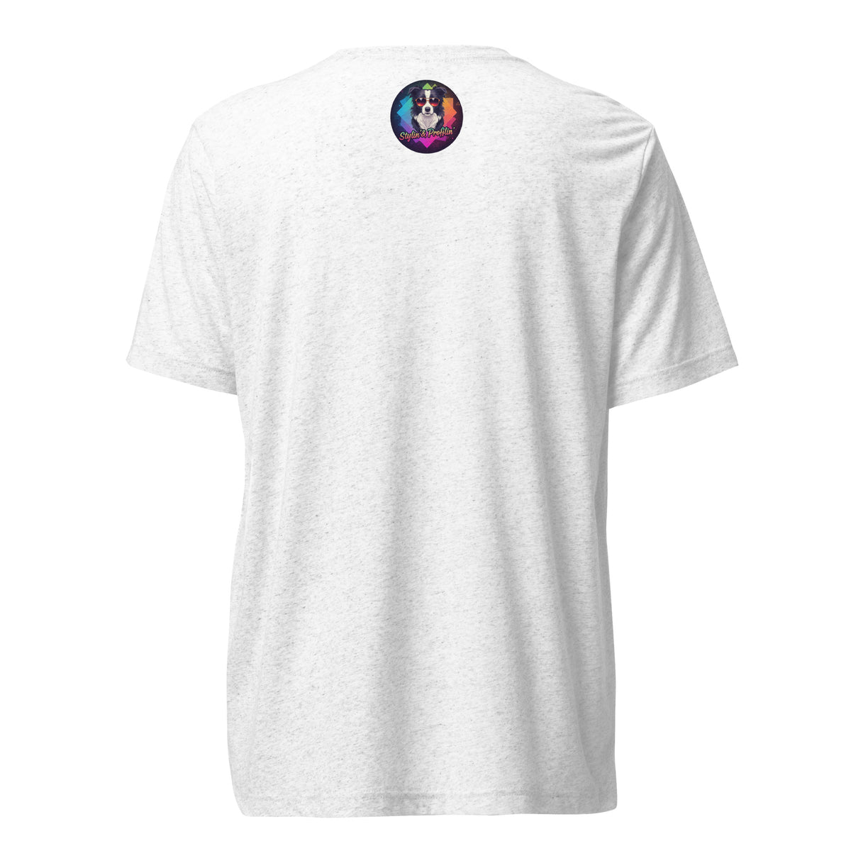 Back of the white Drama Llama T-shirt with a small, colorful Stylin' & Profilin' dog logo below the neckline.
