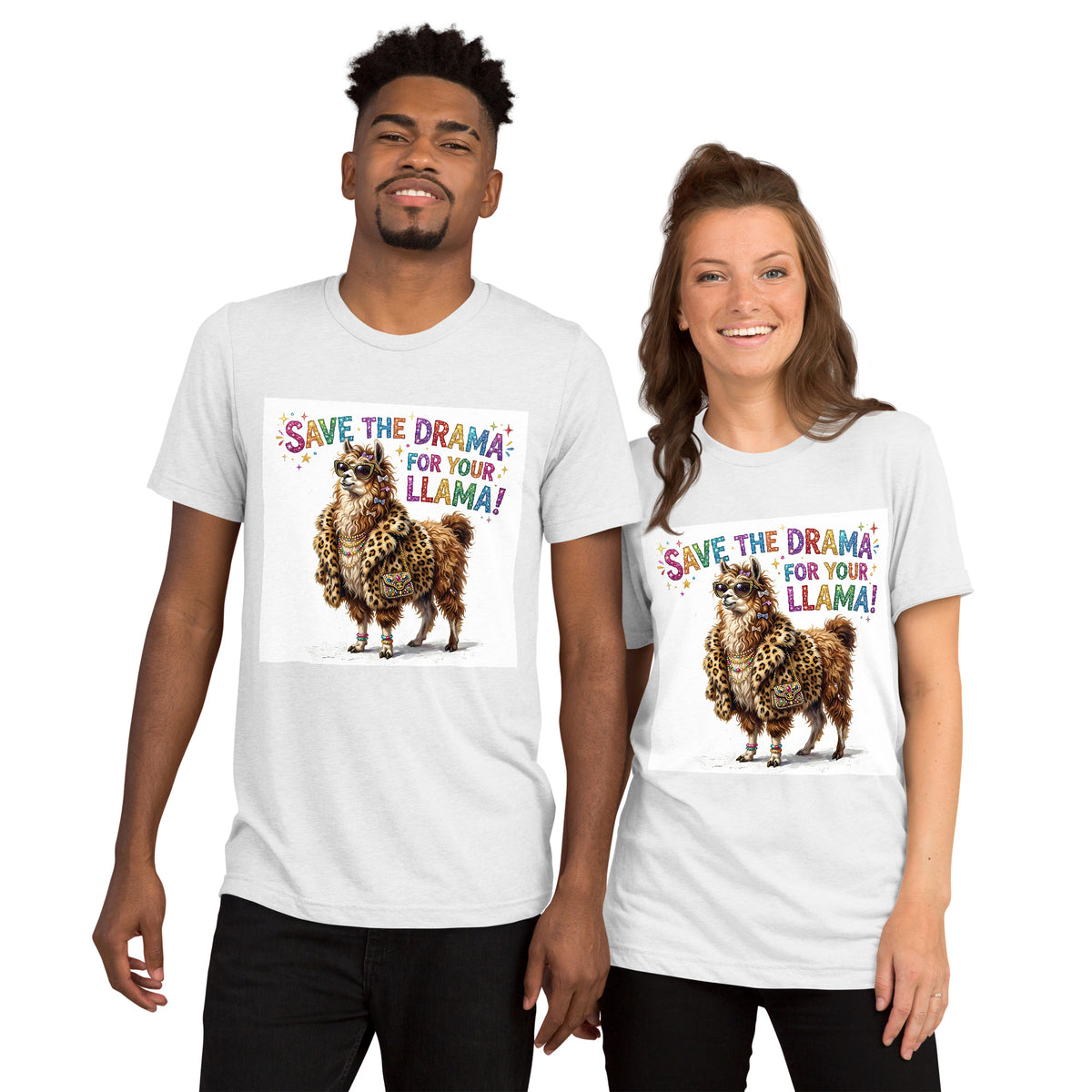 Two models wearing white Drama Llama T-shirts with a sunglasses-wearing llama in a leopard-print jacket and “Save the drama for your llama!” lettering.