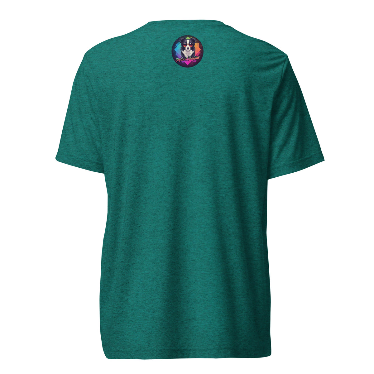 Back of the teal Go With The Flow T-shirt with a small, colorful Stylin' & Profilin' dog logo below the neckline.