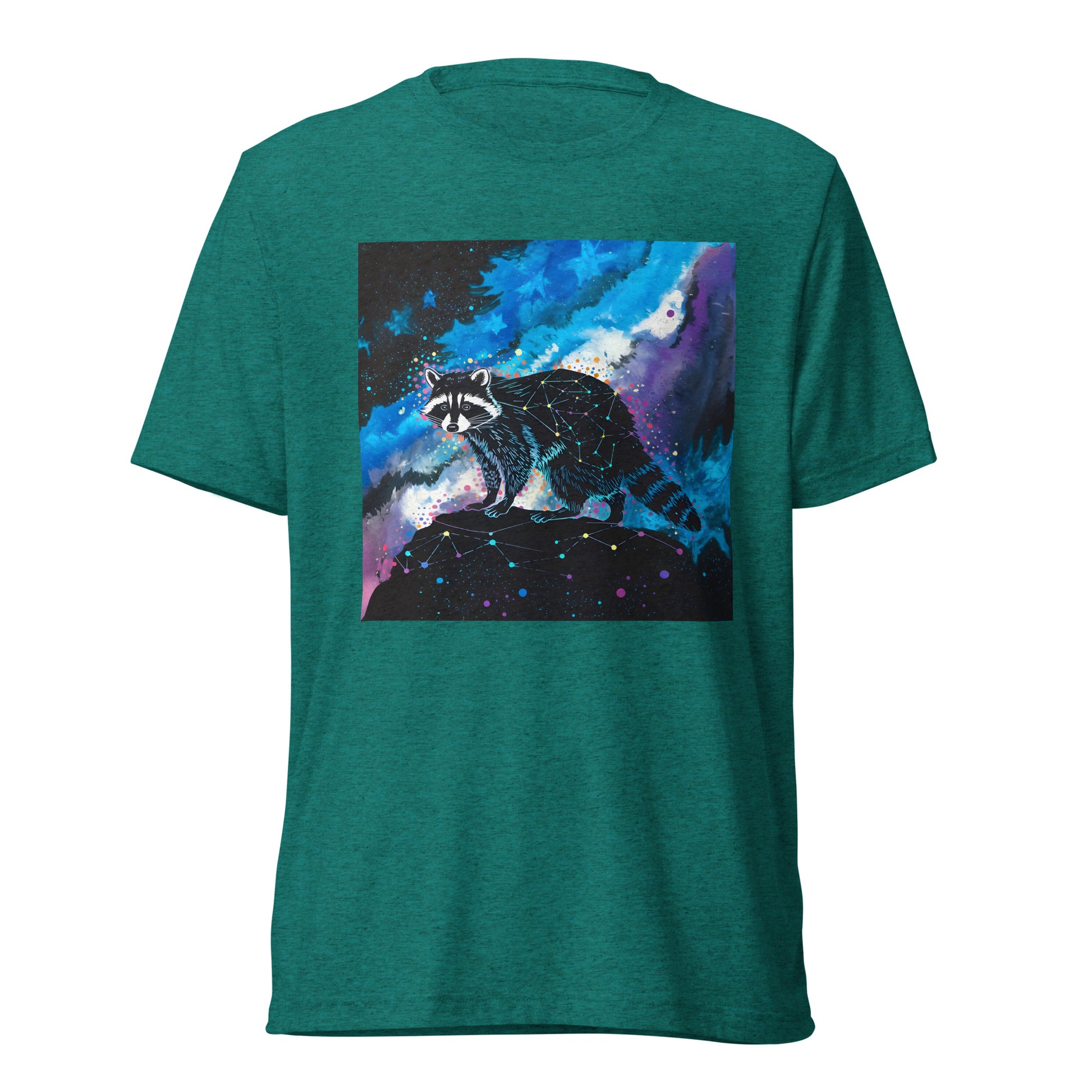 Cosmic Bandit Unisex T-Shirt product shot — teal triblend tee back view on ghost mannequin showing geometric constellation raccoon perched on dark rock against swirling blue purple and teal cosmic nebula with neon star splatter on white background