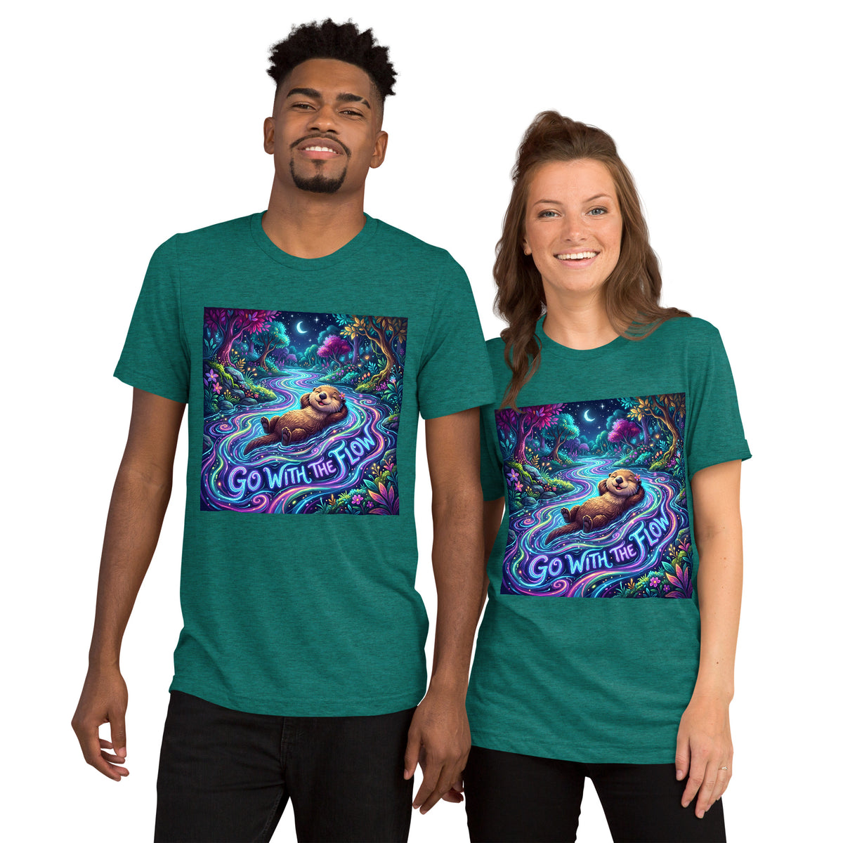 Two models wearing teal Go With The Flow T-shirts with an otter floating in a glowing forest stream and “Go With The Flow” lettering.