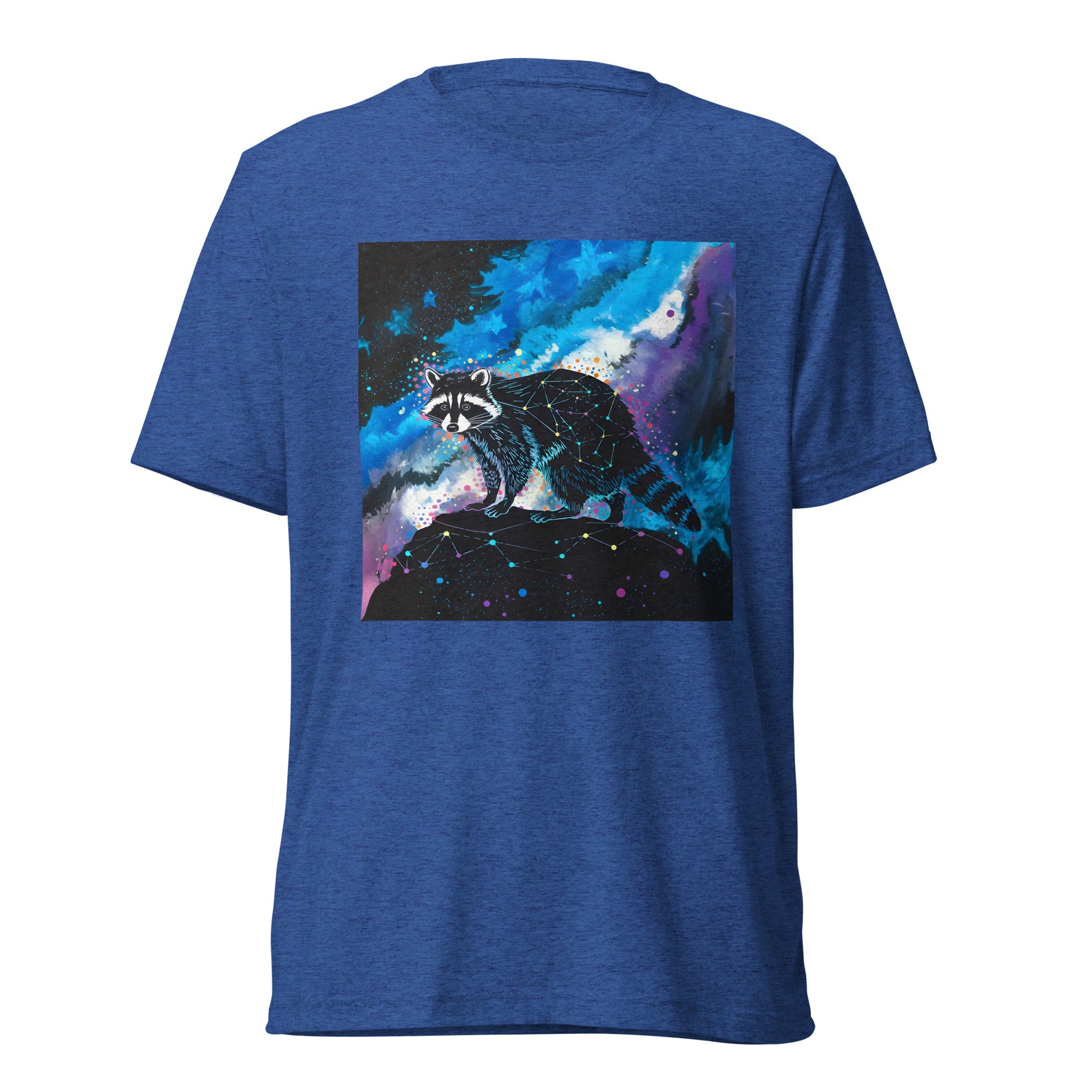 Cosmic Bandit Unisex T-Shirt product shot — true royal triblend tee back view on ghost mannequin showing geometric constellation raccoon perched on dark rock against swirling blue purple and teal cosmic nebula with neon star splatter on white background